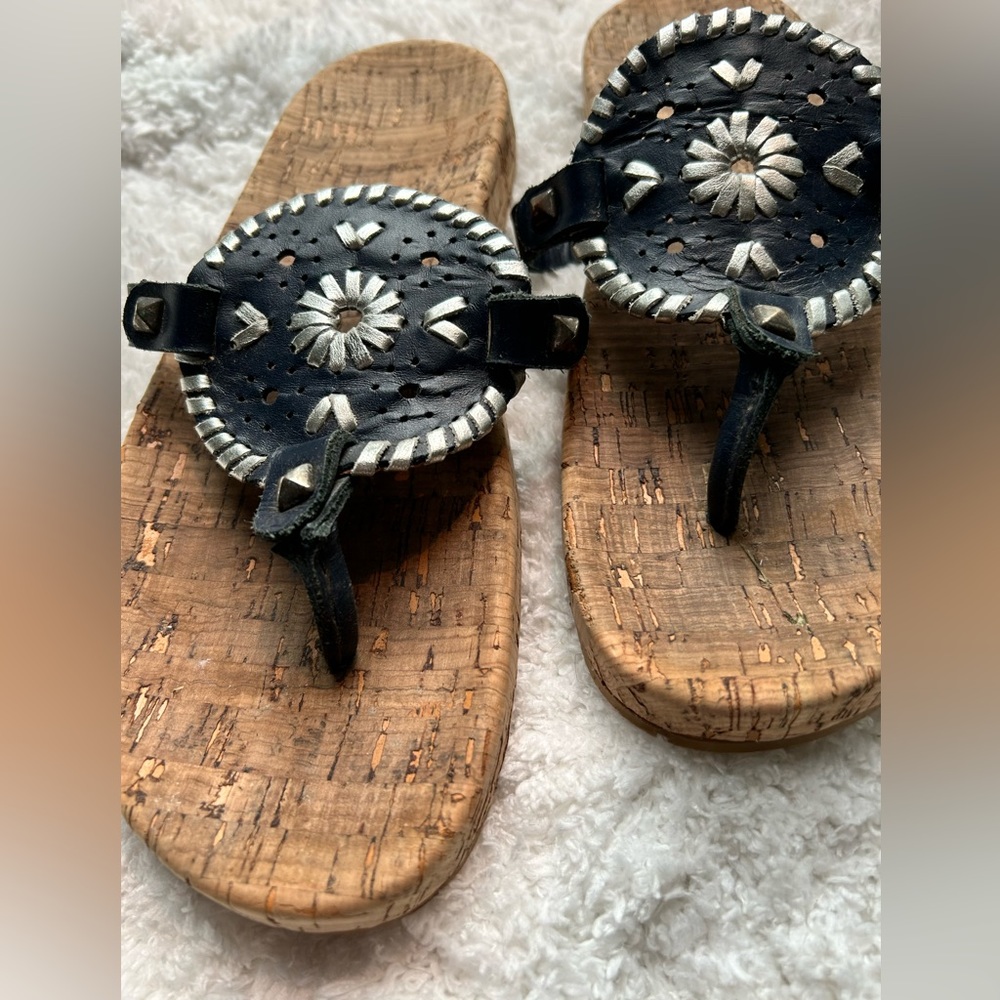Jack Rogers - Georgica Sandal, Cork & leather,deep navy & silver leather. Size 7